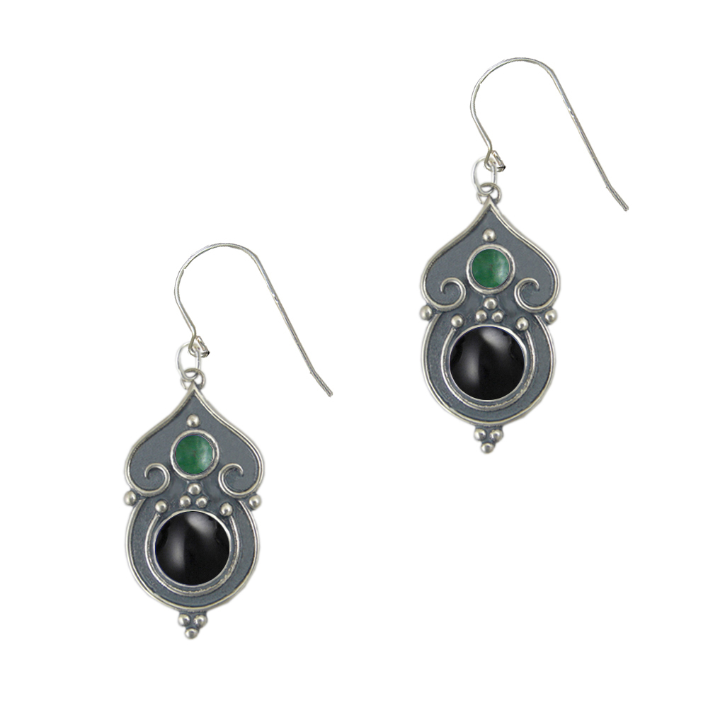 Sterling Silver Gothic Inspired Drop Dangle Earrings With Black Onyx And Jade